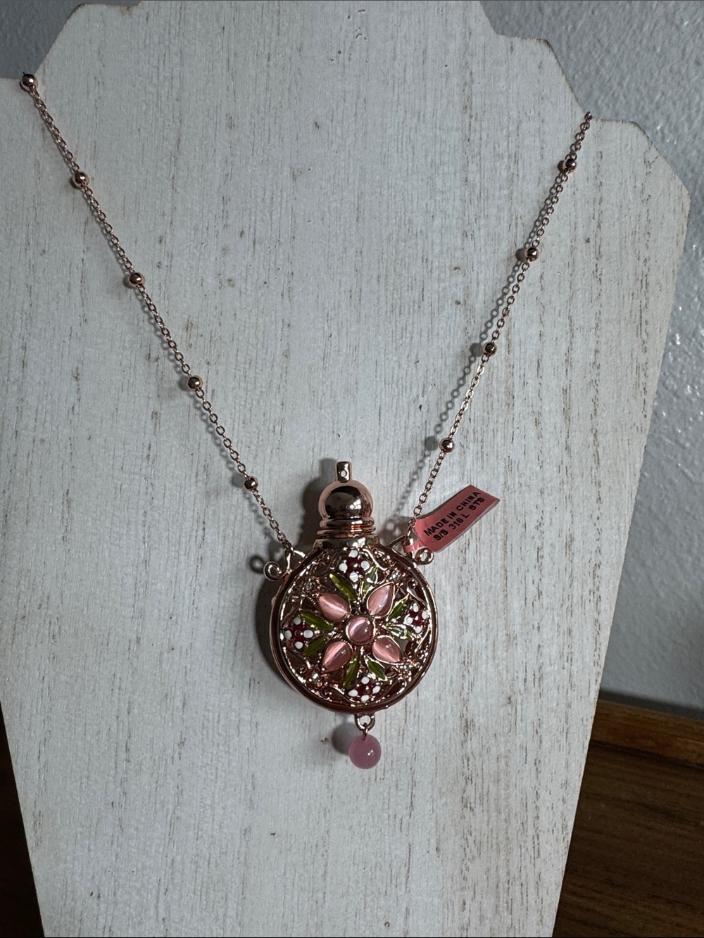 Rose Gold Floral Vial Pendant Necklace with Pink Accents